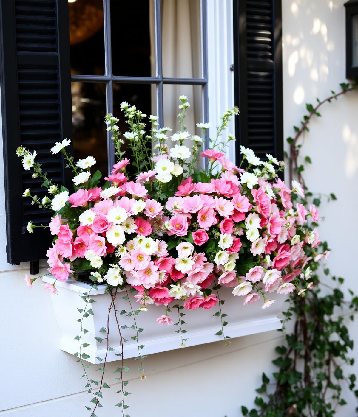 Charleston window box with seasonal blush and white blooms